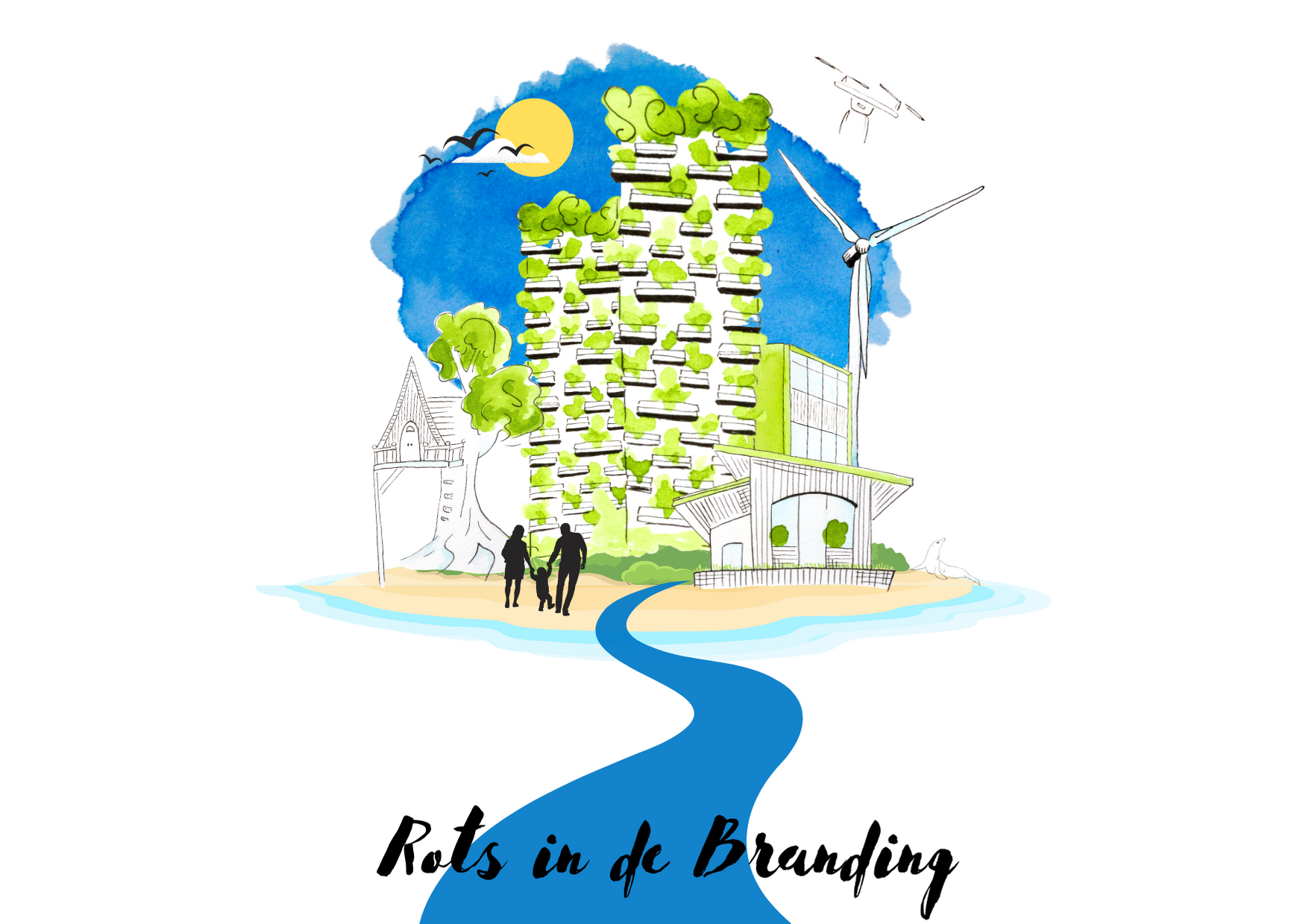 Watercolour illustration of utopian, sustainable island