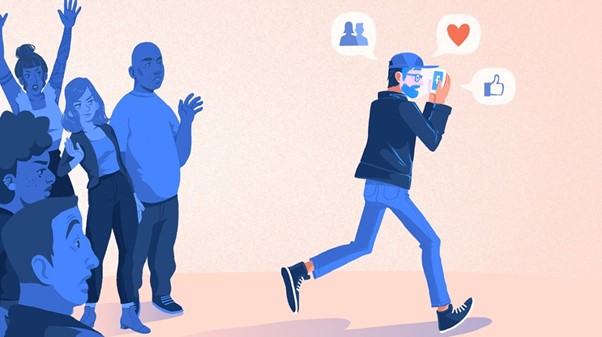 illustration of man focussed on smartphone, ignoring people walking by